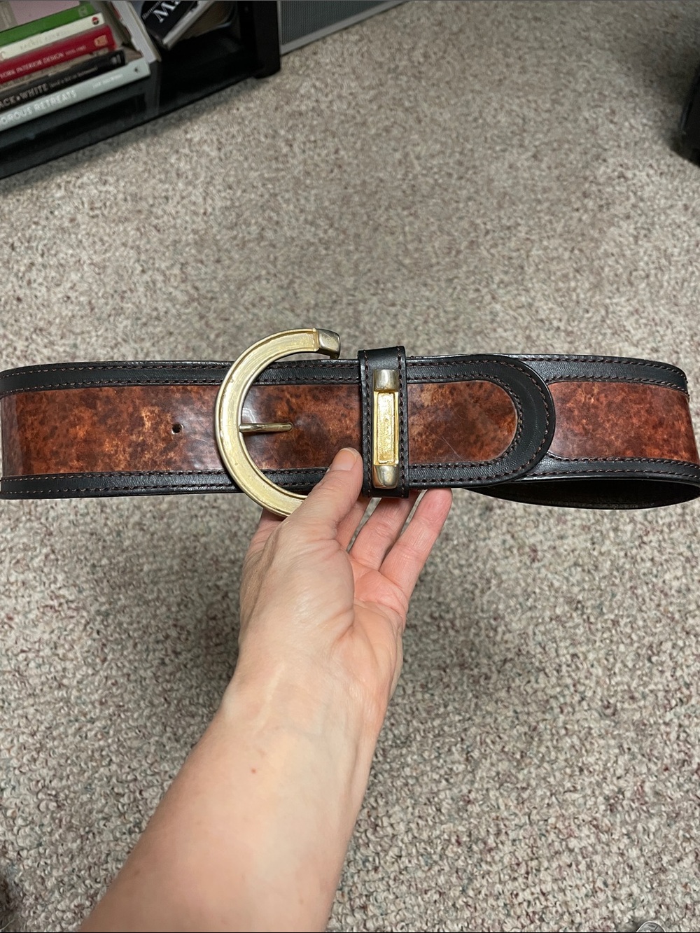 Vintage Made in Italy black leather & patent tortoise print accent/gold hardware